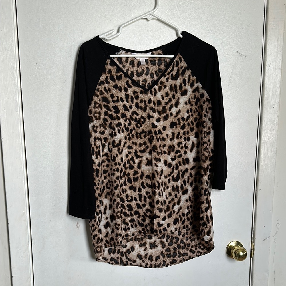 Charming Charlie Leopard Print Blouse with Black Sleeves